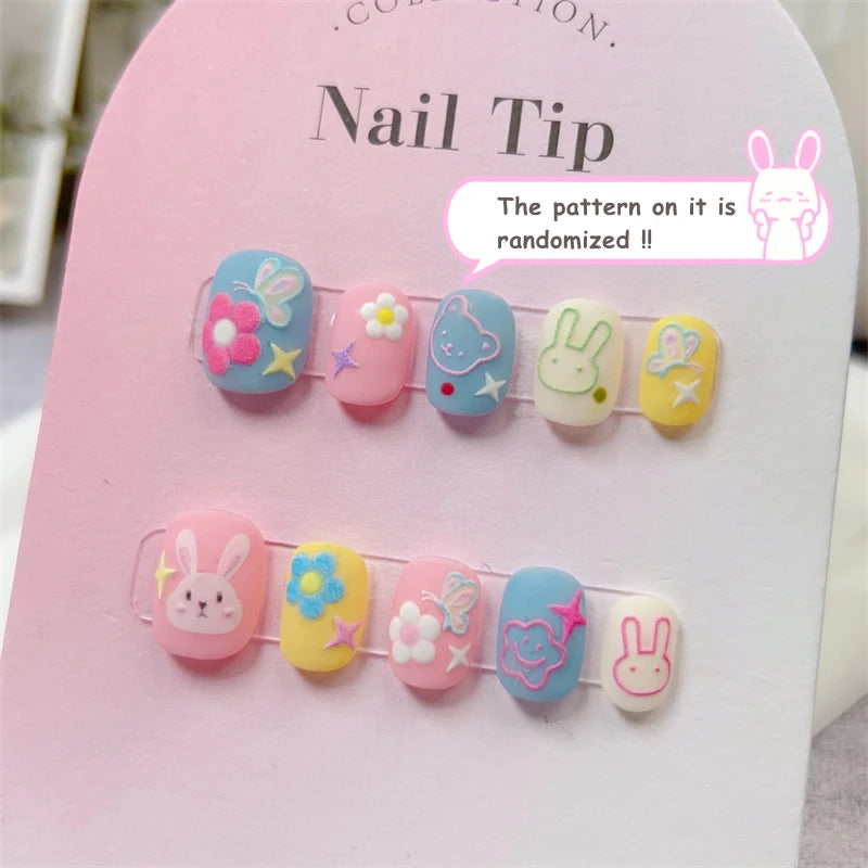 Qfdian Cute Rabbit Handmade Press on Nails Fake Nails Short Round Head Manicure Nail Art Kawaii False Nails Full Cover Finger Tips Girl