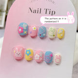 Qfdian Cute Rabbit Handmade Press on Nails Fake Nails Short Round Head Manicure Nail Art Kawaii False Nails Full Cover Finger Tips Girl