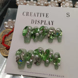 Qfdian 10Pcs High Quality Handmade Press on Nails Sweet And Cool Girl Style Rhinestone Full Setting Celebrity Nail Art: Dark Green