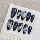 Qfdian 10pcs Almond Press on Nails with Shiny Star Moon Design False Nail Patch Wearable Handmade Ins Fake Nail Tips for Girl Gifts