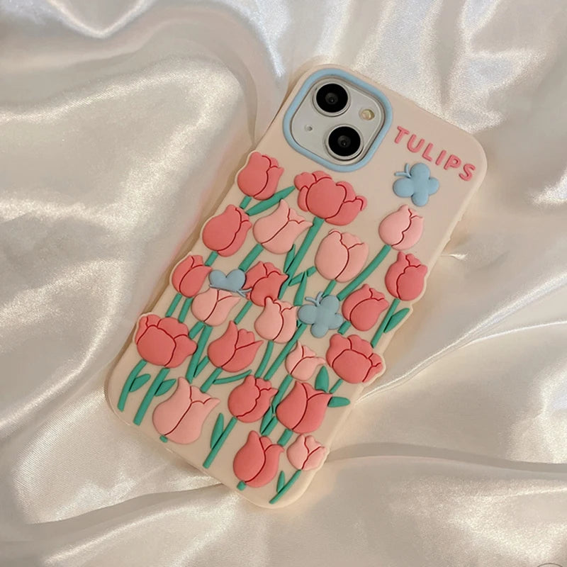 Qfdian Cute 3D Tulip Flower Butterfly Case For iPhone 13 12 11 14 15 Pro Max XS X XR 7 8 14 Plus SE 3 2 Silicone Soft Phone Back Cover
