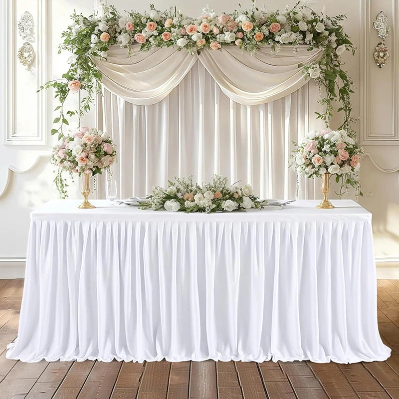 Qfdian White Table Skirts Rectangle Polyester Ruffle Tablecloth for Wedding Birthday Party Baby Bridal Shower Banquet Table Decorations