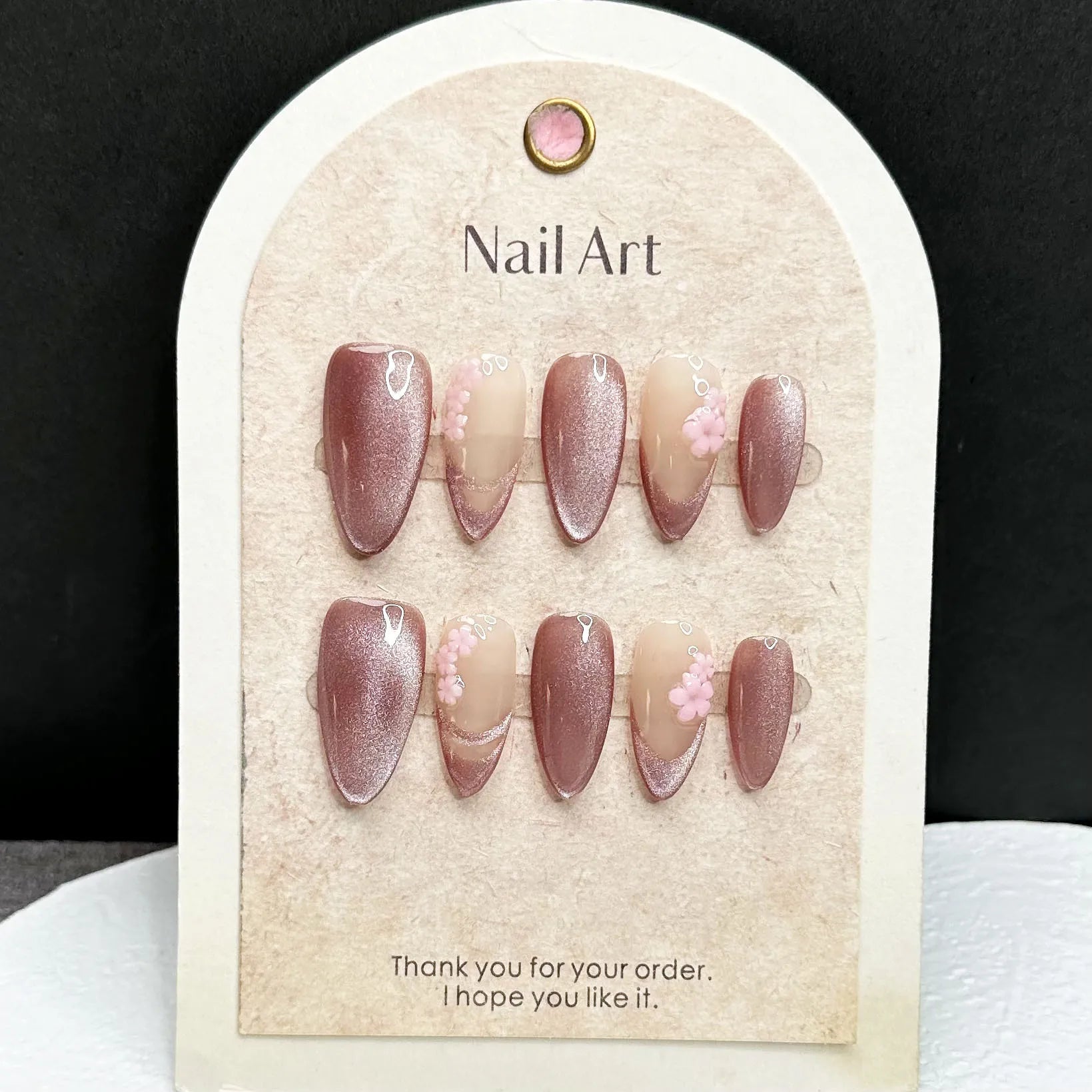 10pcs Handmade Press on Nails Purple Cat Eye Fake Nails for Girls Women Wearable Detchable Sweet Flower Almond False Nails