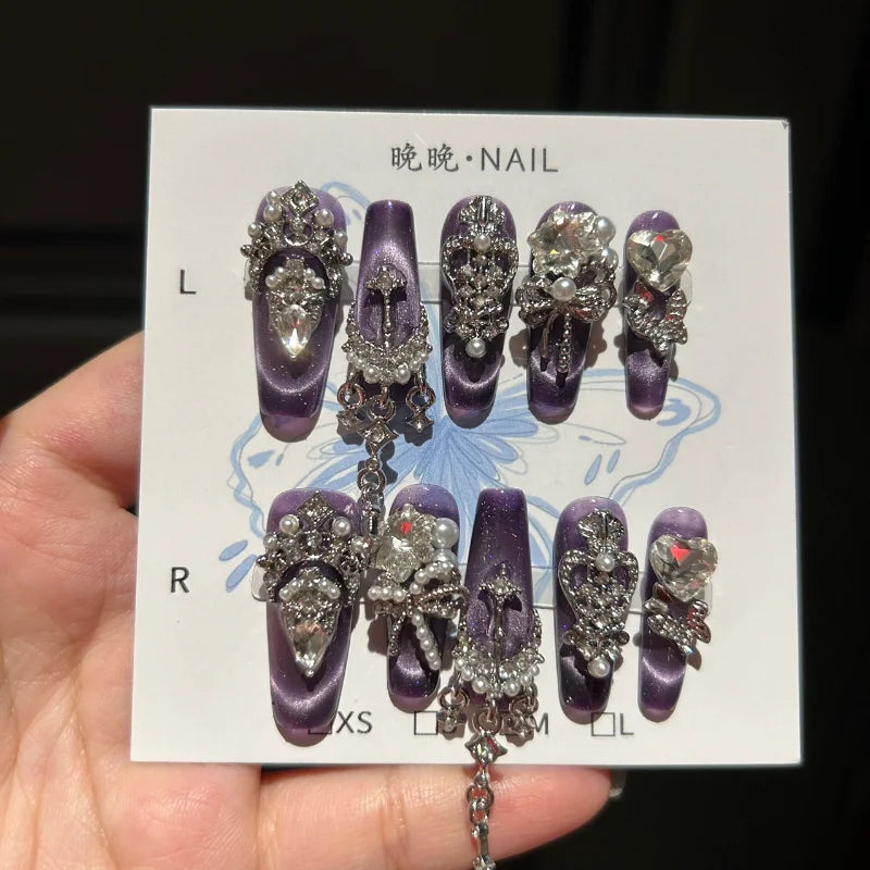 Qfdian 10Pcs High Quality Handmade Press on Nails Rhinestone Color-Block Inlay Internet Celebrity Nail Art Sweet And Cool Girl Style