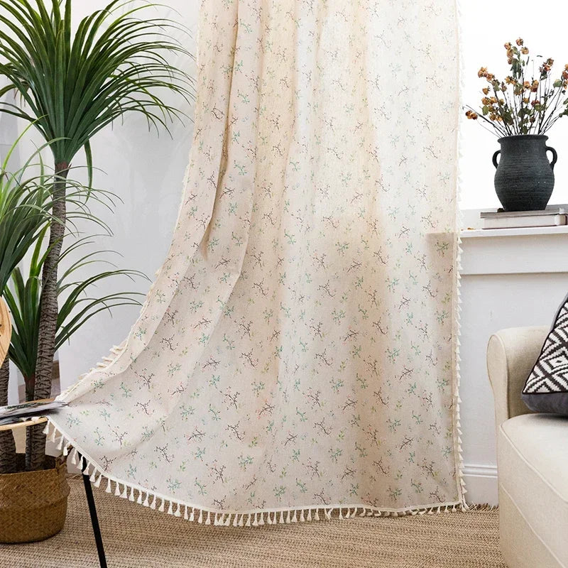 Qfdian Floral Farmhouse Curtains Semi-Blackout Living Room Drapes Cotton Linen Bohemian Window Curtain 1 Panels Tassel Beige Rod Pocket