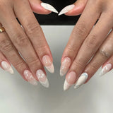 Qfdian 24Pcs Solid Nude Color Fake Nails with Jelly Glue Short Almond Press on False Nails Wearable Oval Finished Full Cover Nail Tips