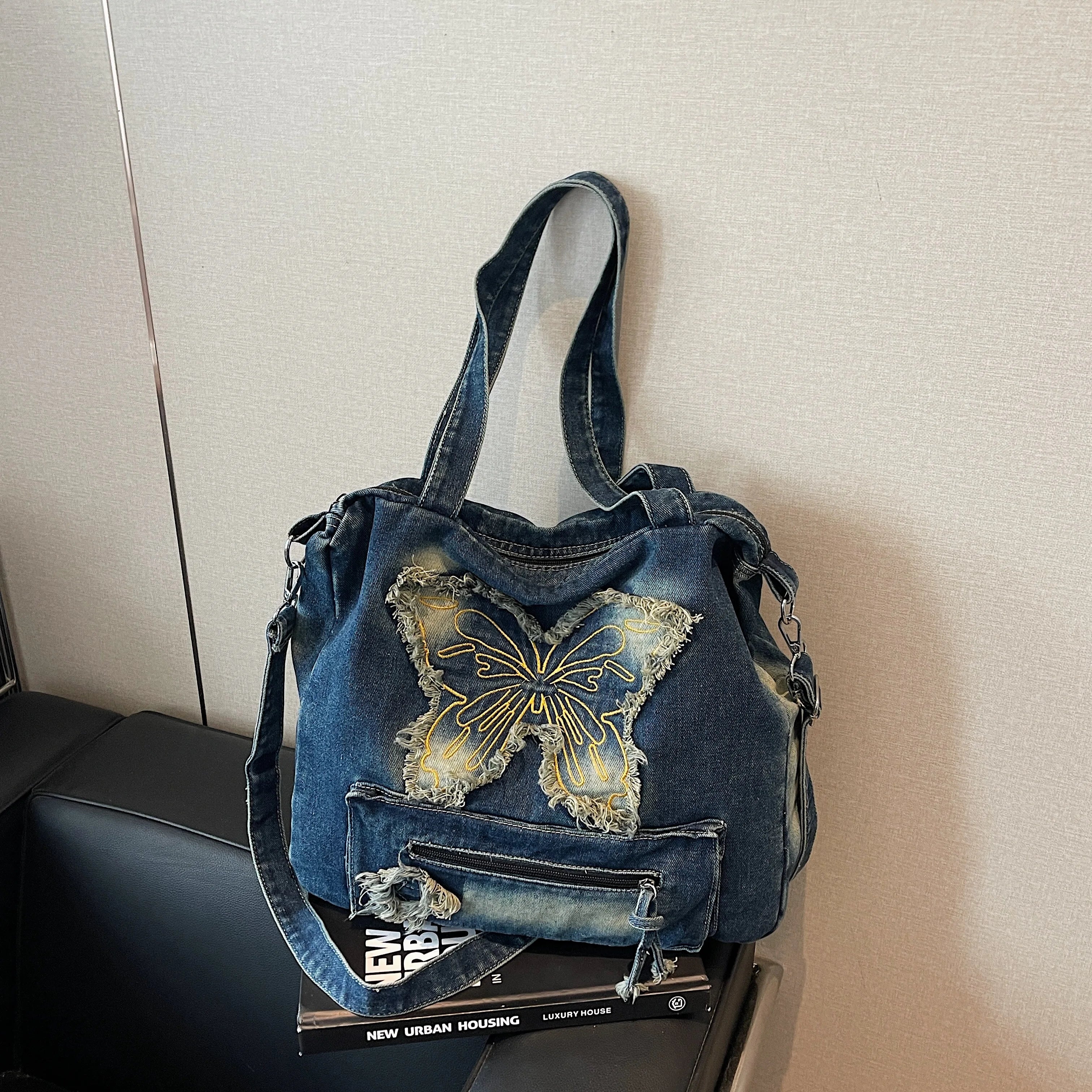 Qfdian Large Capacity Canvas Shoulder Bags Butterfly Denim Casual Totes New In 2025 Leisure Or Travel Bags Lady Sweet Packages Women