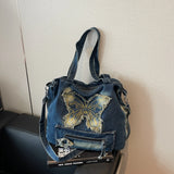 Qfdian Large Capacity Canvas Shoulder Bags Butterfly Denim Casual Totes New In 2025 Leisure Or Travel Bags Lady Sweet Packages Women