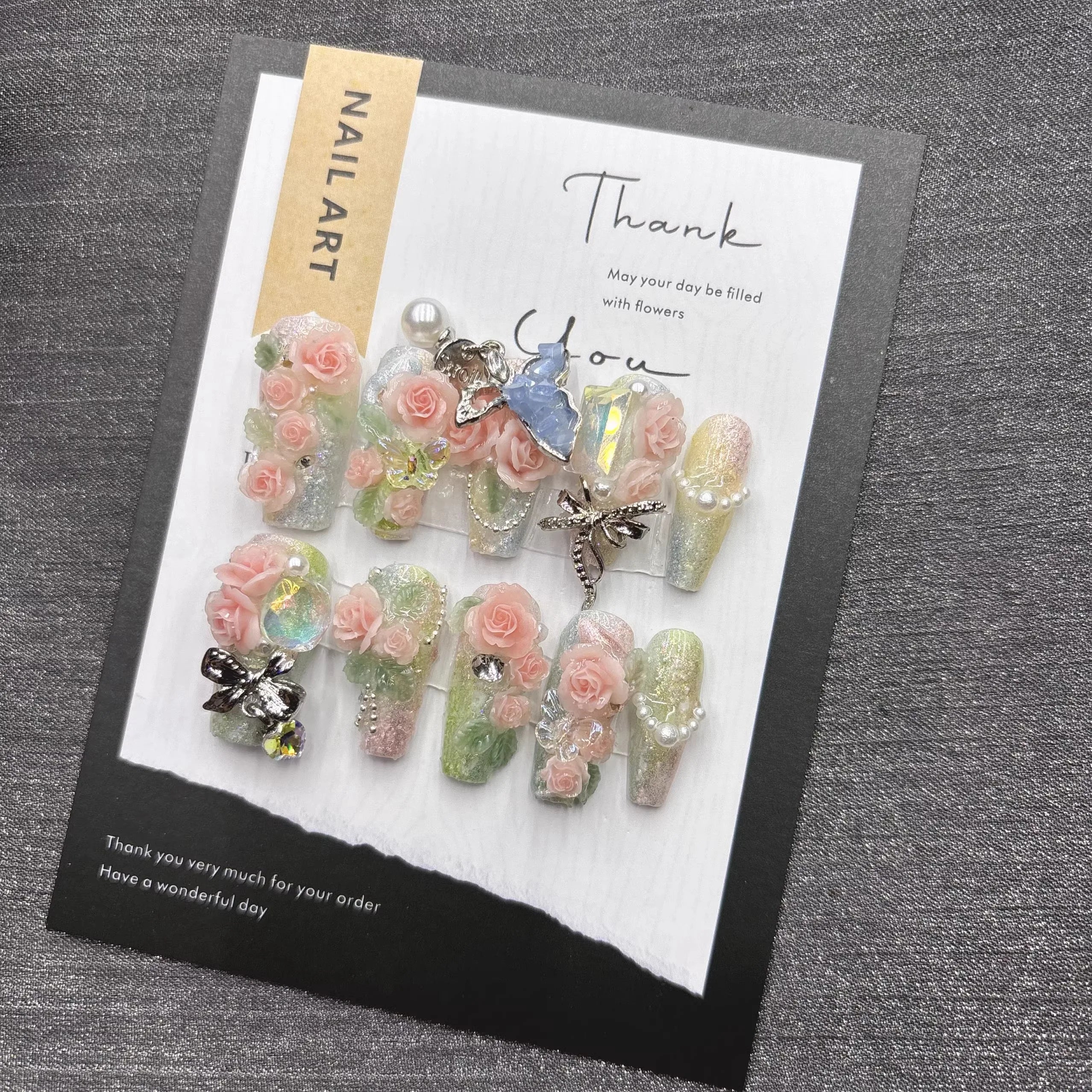 Qfdian Sweet Floral Press On Nails Pink Rose Butterfly Fake Nails For Women Elegant Pearl Rhinestone Party Nails Glamorous Reusable