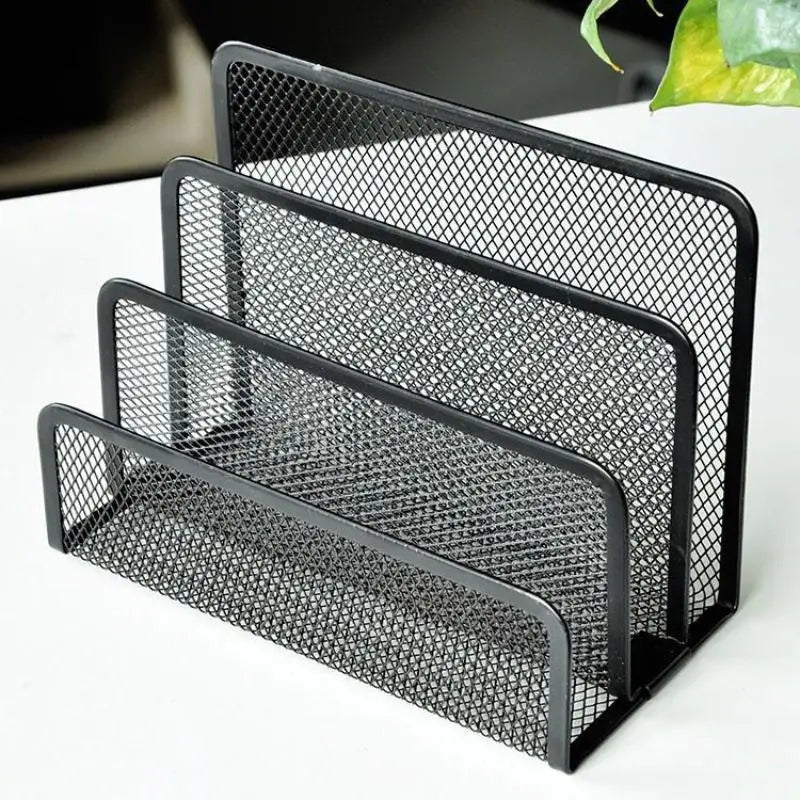 Qfdian 1 Pcs Black Desktop Office Storage Grid Metal Three-layer Business Card File Office Supplies Storage Rack