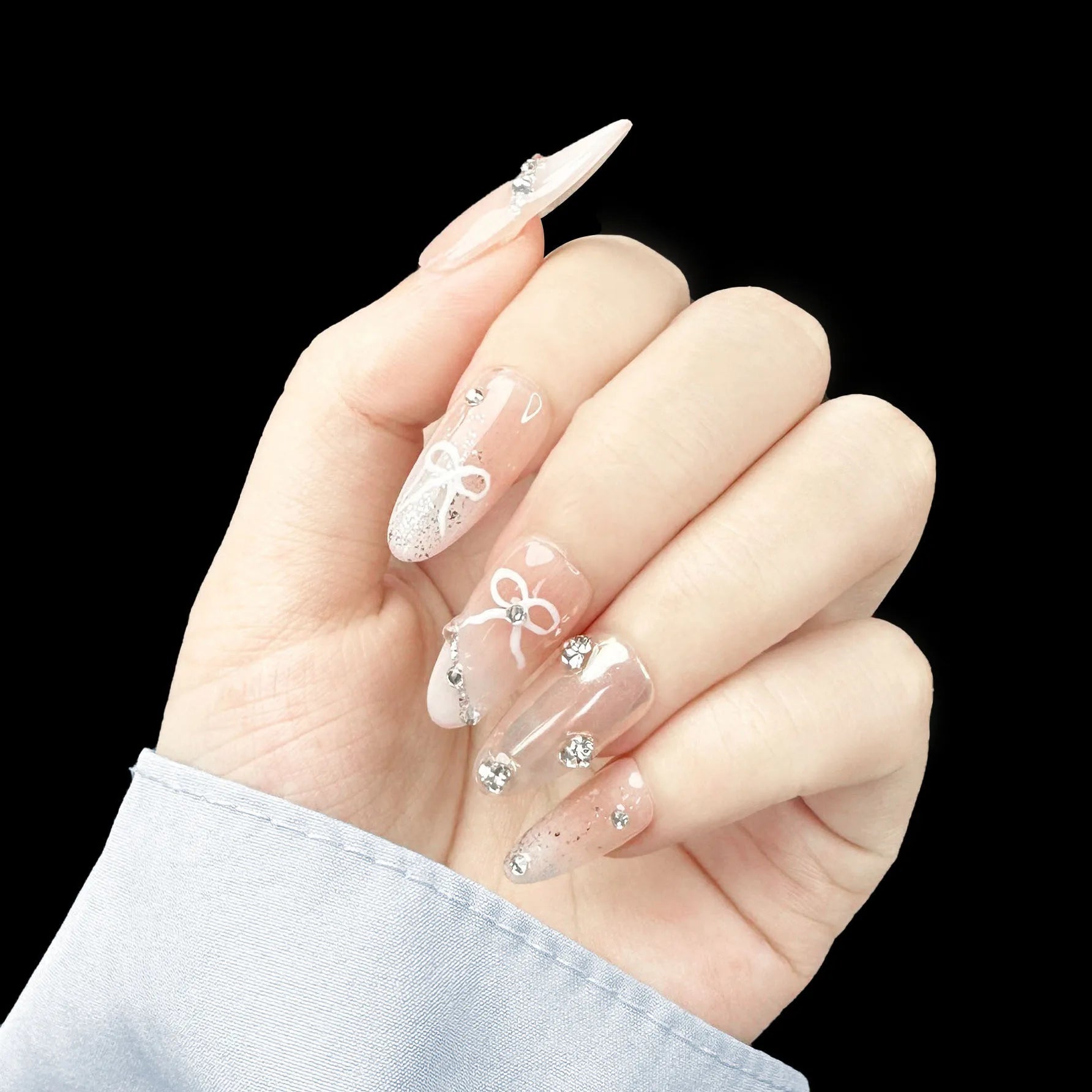 10Pcs Pink Handmade Press on Nails Full Cover Bow Tie Rhinestone Design French Fake Nails Wearable Manicure Nail Tips Art