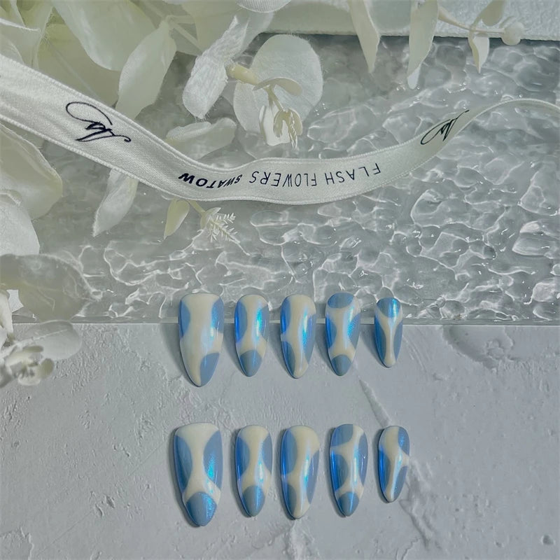 Qfdian 10Pcs Handmade Almond Blue Fake Nails Press On Glitter Full Cover False Nails Wearable Manicure Nail Finished Finger Tips Art