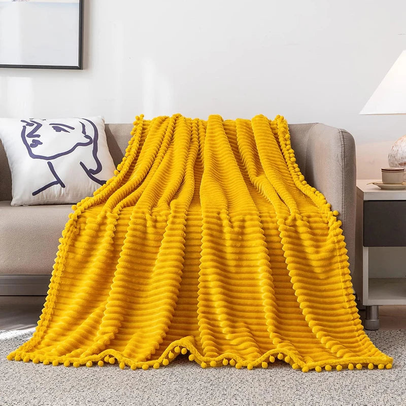 Qfdian Fleece Throw Blanket Couch with Pom Pom Fringe Soft Cozy Fuzzy Flannel Blankets for Sofa Bed Large Lightweight Plush All Seasons