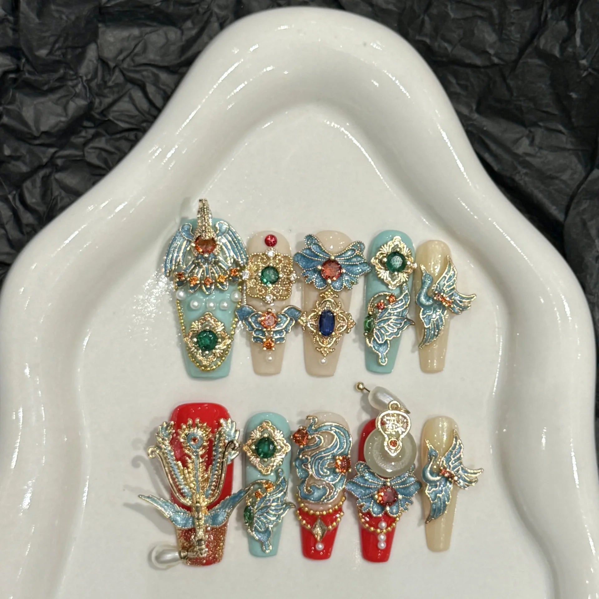 Qfdian 10Pcs High Quality Handmade Press on Nails Colorful Angel Heavy Industry Purple Sparkling Alien Diamond Nail Art Shows White