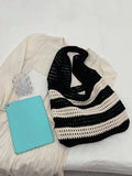 Qfdian Ladies' woven bag, niche design, striped knitted bag, simple hollow out hand-held shoulder bag, sports handbag