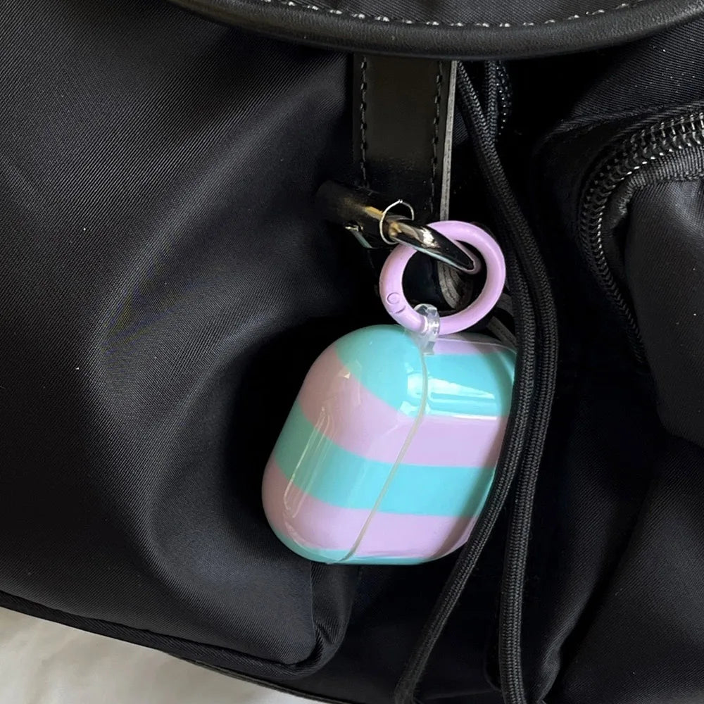 Qfdian Cute Blue Stripe Imd Silicone Earphone Case With Keychain For Apple AirPods 1 2 3 4 Pro 2 Bluetooth Headphone Protection Cover