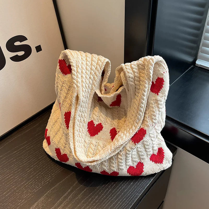 Qfdian 1PC New Knitted Bag Women's Summer Handmade Woolen Underarm Tote Bag Love Shopping Beach Shoulder Bag