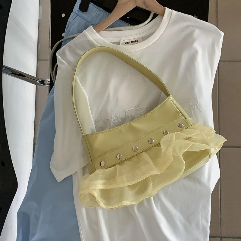 Qfdian Women Sweet Pleated Gauze Patchwork Rivet Handbags Fashion Fairy Y2k Aesthetic Shoulder Bags Office Lady All Match Underarm Bag