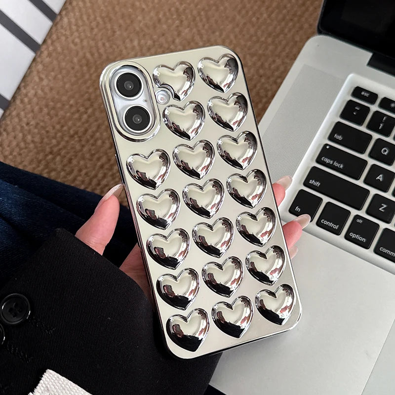Qfdian Simple Stylish Silver Love Heart Phone Case For iPhone 11 12 13 14 15 16 Pro Max Glossy TPU Protective Back Cover