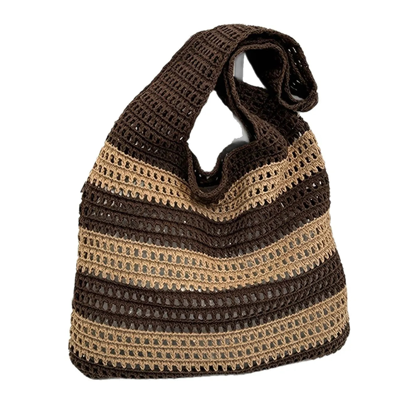 Qfdian Ladies' woven bag, niche design, striped knitted bag, simple hollow out hand-held shoulder bag, sports handbag