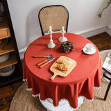 Qfdian Solid Round Tablecloths with Pom Poms Cotton Tablecloth Table Covers for Kitchen Dining Restaurant Wedding Party Home Decoration