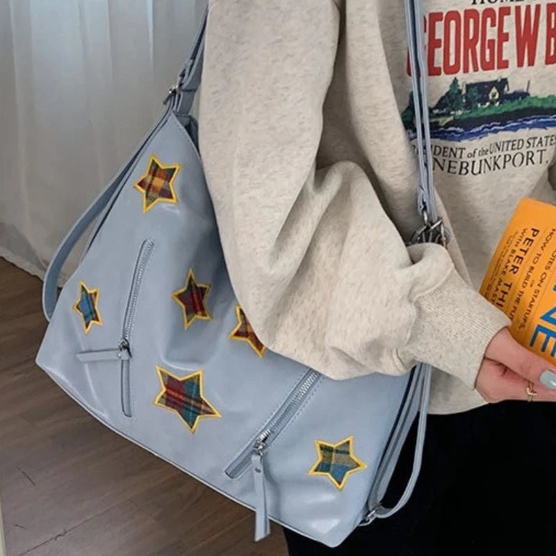 Qfdian Fashion Preppy Backpacks Casual Plaid Star Embroidery Crossbody Bags All Match Women Y2k Aesthetic Shoulder Handbags Streetwear