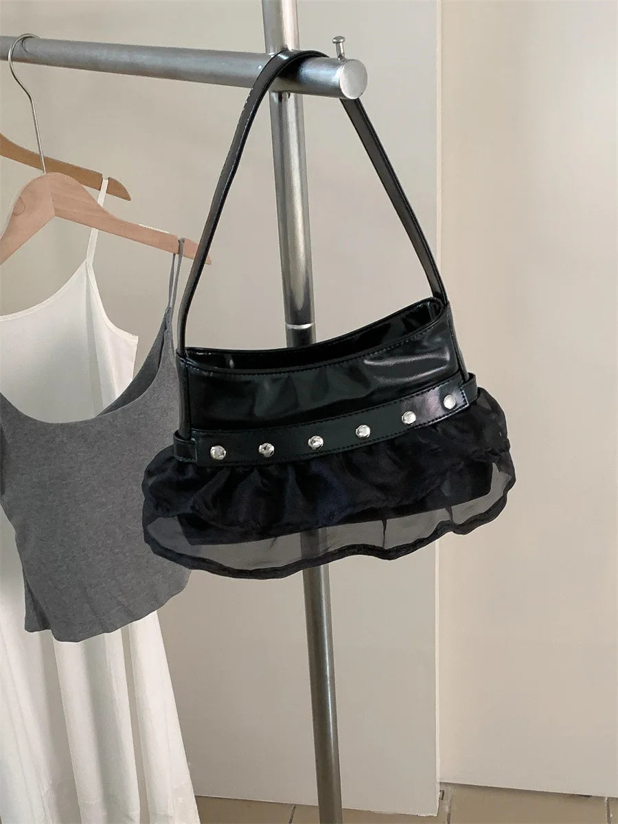 Qfdian Women Sweet Pleated Gauze Patchwork Rivet Handbags Fashion Fairy Y2k Aesthetic Shoulder Bags Office Lady All Match Underarm Bag
