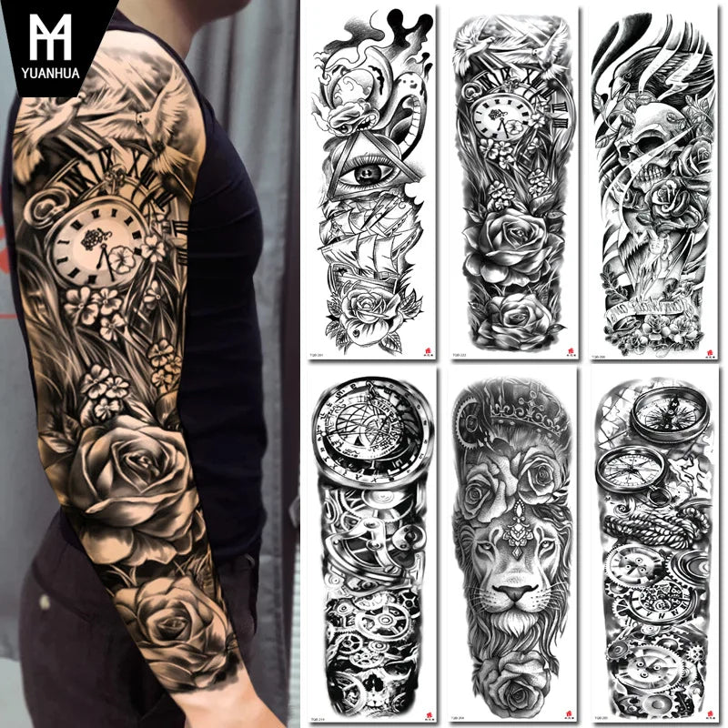 Qfdian Full Arm Tattoo Waterproof Temporary StickerCool Skull Fish Dragon Lion Clock Men Women Art Fake Sticker Glitter Style