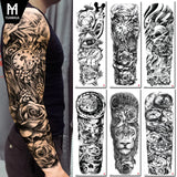 Qfdian Full Arm Tattoo Waterproof Temporary StickerCool Skull Fish Dragon Lion Clock Men Women Art Fake Sticker Glitter Style