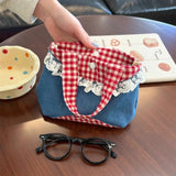 Qfdian Luxury Design Denim Patchwork Top-Handle Bags Women Mini Kawaii Sweet Clutches Y2k Chic Contrast Color Plaid Purses and Handbags