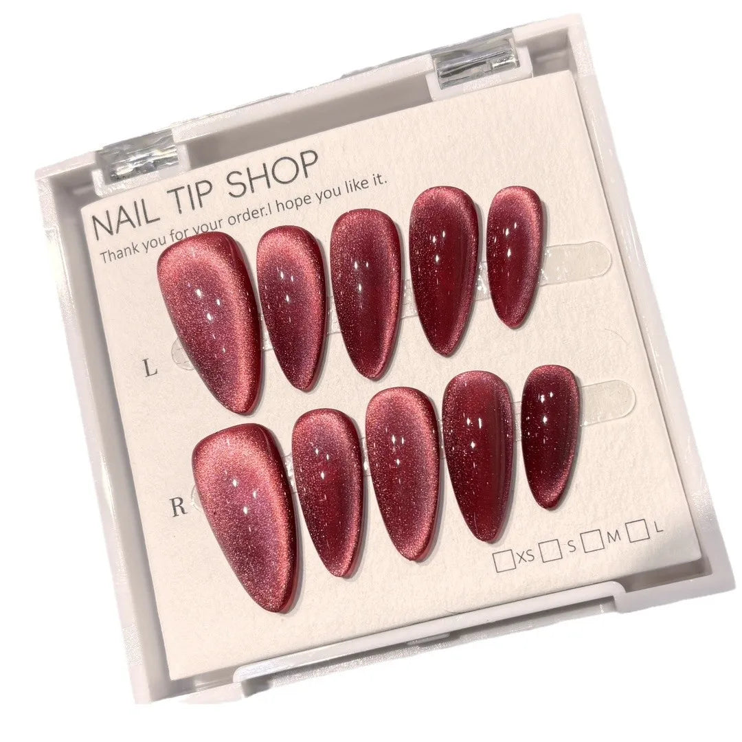 10Pcs Shiny Handmade Press on Nails Cherry Solid Color Almond Cat Eye Design Fake Nails Sparkling Removable Manicure Nail Women