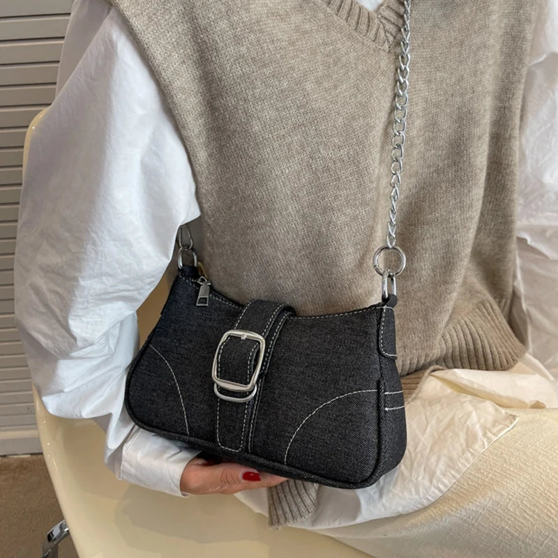Qfdian Small Design Jeans Bag Women's New Cross-Shoulder Bag Shoulder Canvas Bag Crossbody Bags for Women CHAINS Сумка Женская