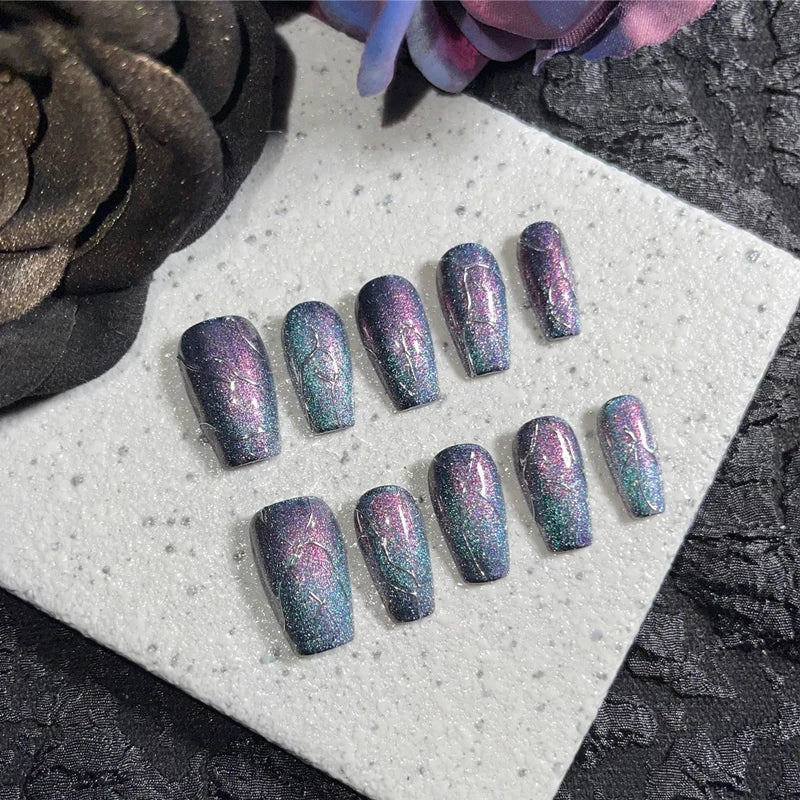 Qfdian Luxurious Handmade Press on Nails Fake Nails Blue Purple Quicksand Cat Eye Wearable Nails for Men Women Designed with Glitter