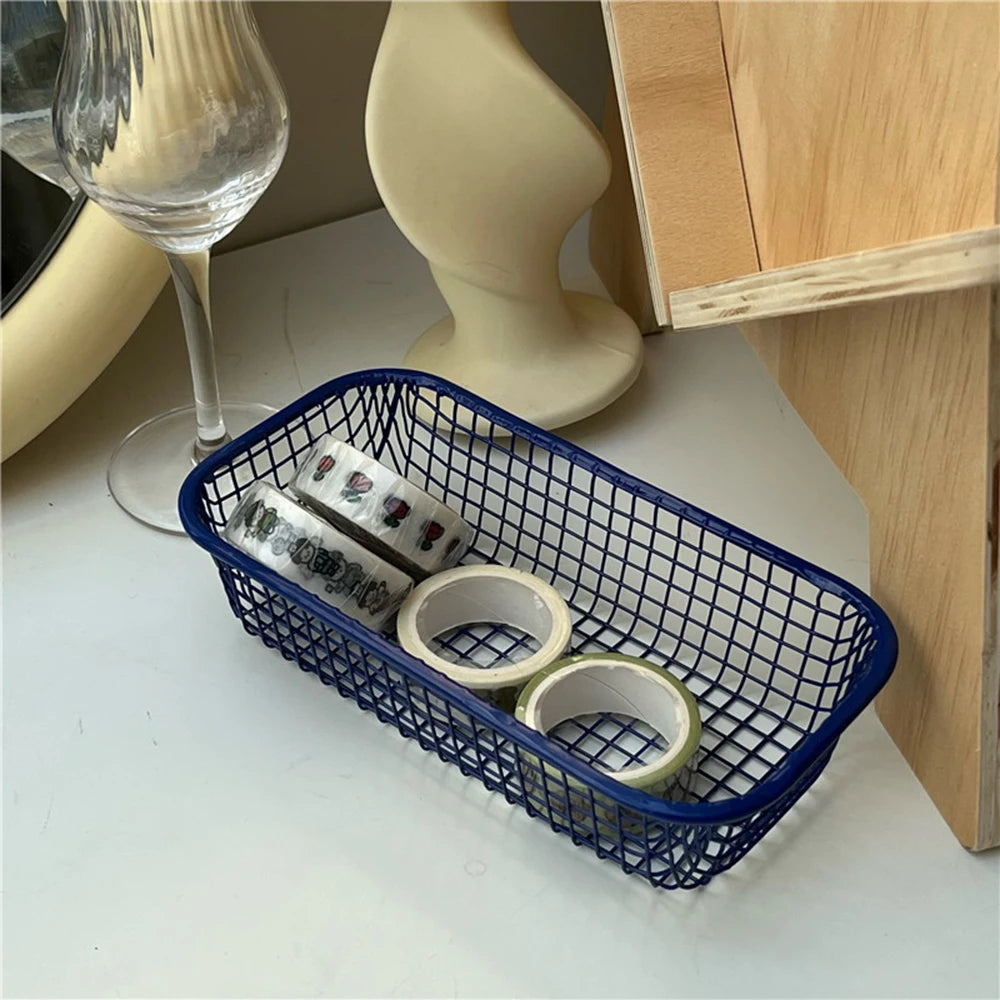 Qfdian Desktop Storage Basket INS Metal Sundries Organizer Basket Photocard Case Office Stationery Home Supplies Make Up Sorting Holder
