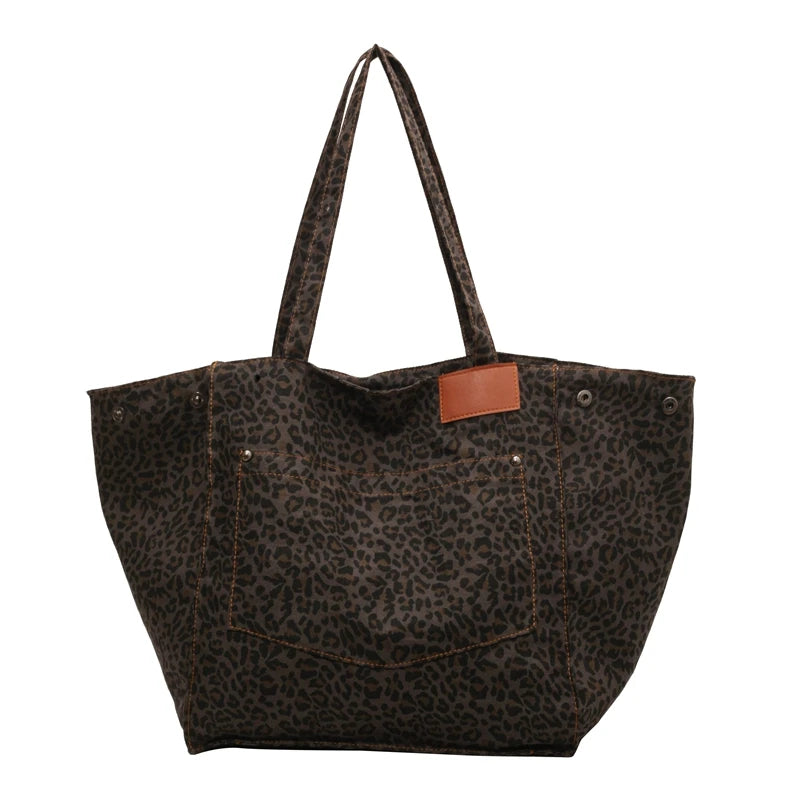 Qfdian Leopard Casual Totes For Women Large Capacity Fashion Shoulder Bags Soft Cloth Big Leisure Or Travel Bags Korea Lazy breeze Bags