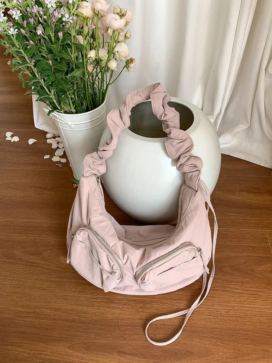 Qfdian Vintage Women Nylon Zipper Hobo Bag Streetwear All Match Y2k Aesthetic Ins Shoulder Bags Drawstring Pleated Handbags Crossbody