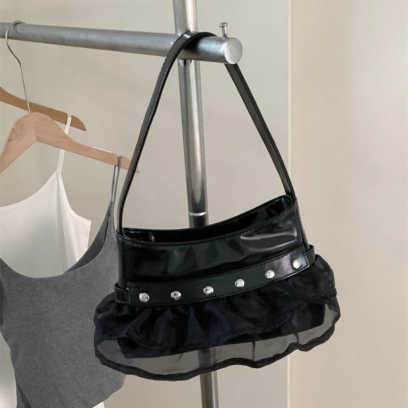 Qfdian Women Sweet Pleated Gauze Patchwork Rivet Handbags Fashion Fairy Y2k Aesthetic Shoulder Bags Office Lady All Match Underarm Bag