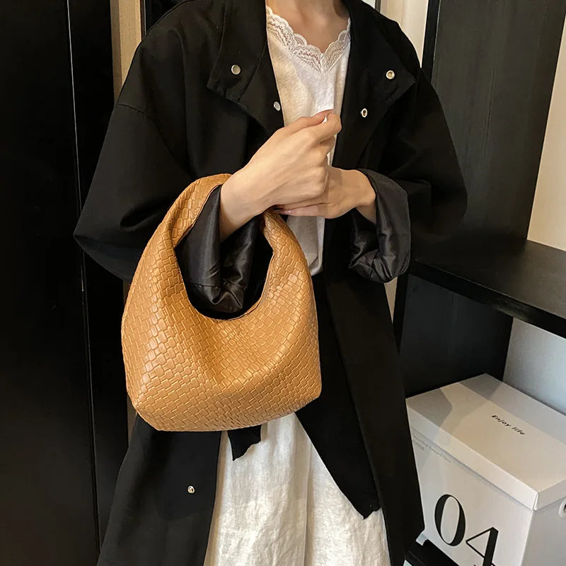 Qfdian Women Underarm Bag Classic Fashion Woven Embossed Hobo Soft PU Leather Small Top-handle Shoulder Bag Casual Daily Handbags