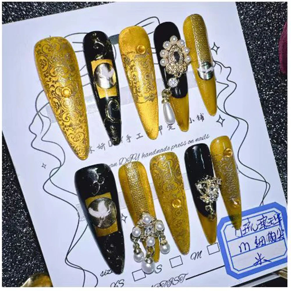 Qfdian 10Pcs High Quality Handmade Press on Nails Heavy Industry Diamond Decoration Luxury Dark and niche style Spicy Girl Nail Diamond