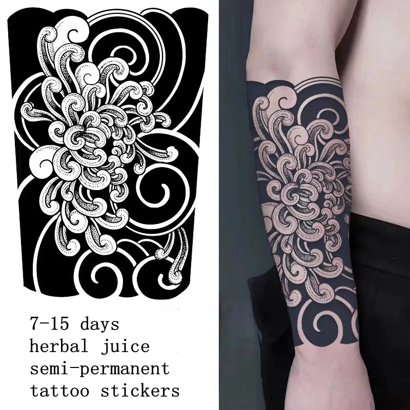 Qfdian Japanese Traditional Half Arm Herbal Juice Temporary Tattoo Stickers Sakura Leaf Lasting Art Fake Tattoo Men Women Faux Tatouage
