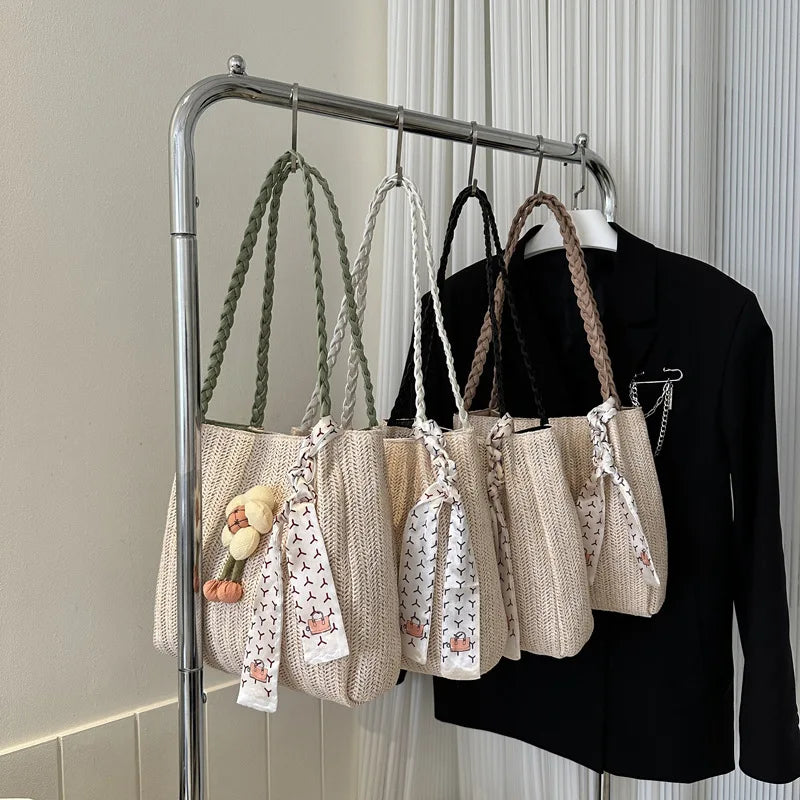 Qfdian Woven grass woven bag for women, large capacity fashionable new flower shoulder bag, casual shoulder bag, summer tote bag