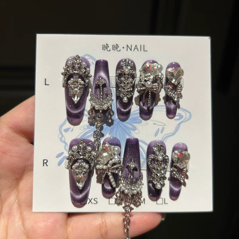 Qfdian 10Pcs High Quality Handmade Press on Nails Three-Dimensional Metal Decoration Cat's Eye Stick-on Nail Art Gorgeous Banquet