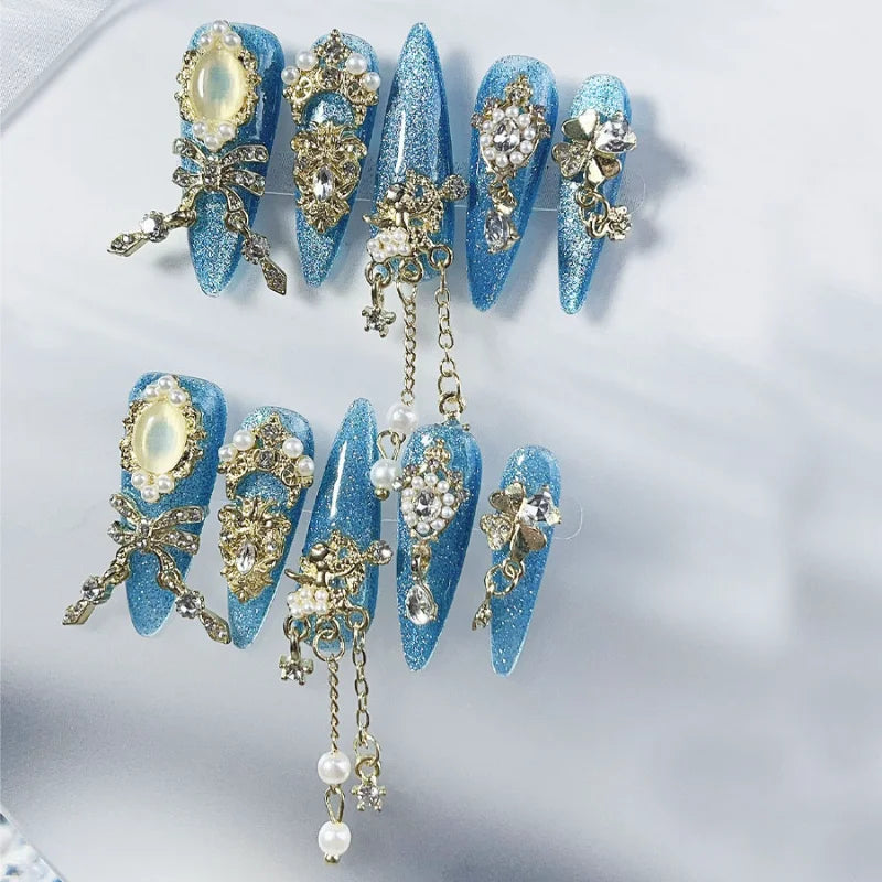 Qfdian 10Pcs High Quality Handmade Press on Nails Art Luxury Style Noble Temperament Nail Art Tassel Pendant