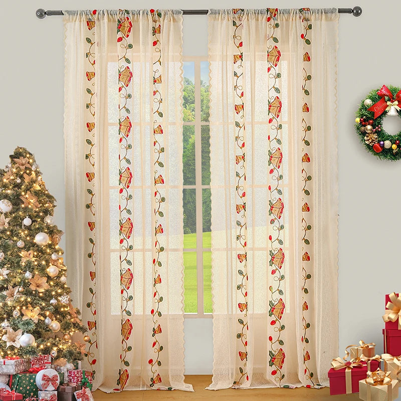 Qfdian 78 Inch Christmas Sheer Curtains for Living Room Bedroom Lace Beige Bells Embroidery Home Decorations Rod Pocket Window Curtains