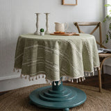 Qfdian Green Round Tablecloth Striped Embroidered Table Cover Farmhouse Tassel Table Cloth for Table Kitchen Dining Room Tabletop Decor