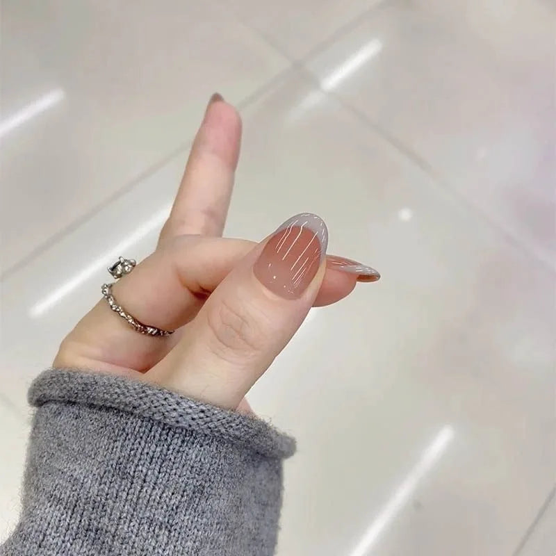 Qfdian 10Pcs Short Oval French Pink Blue Handmade Press on Nails Fake Nails With 3D Diamond Design Wearable Nail Tips Art