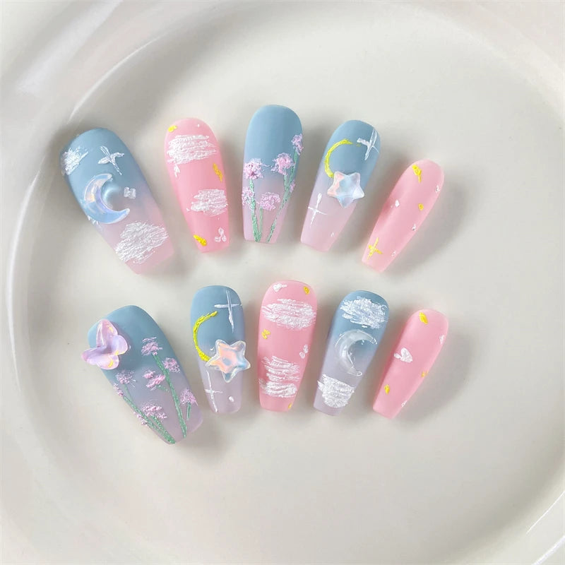 Qfdian Oil Painting Handmade Press on Nails Design Cute Fake Nails Design Butterfly Moon Stars Wearable Adhesive Women False Nail Tips