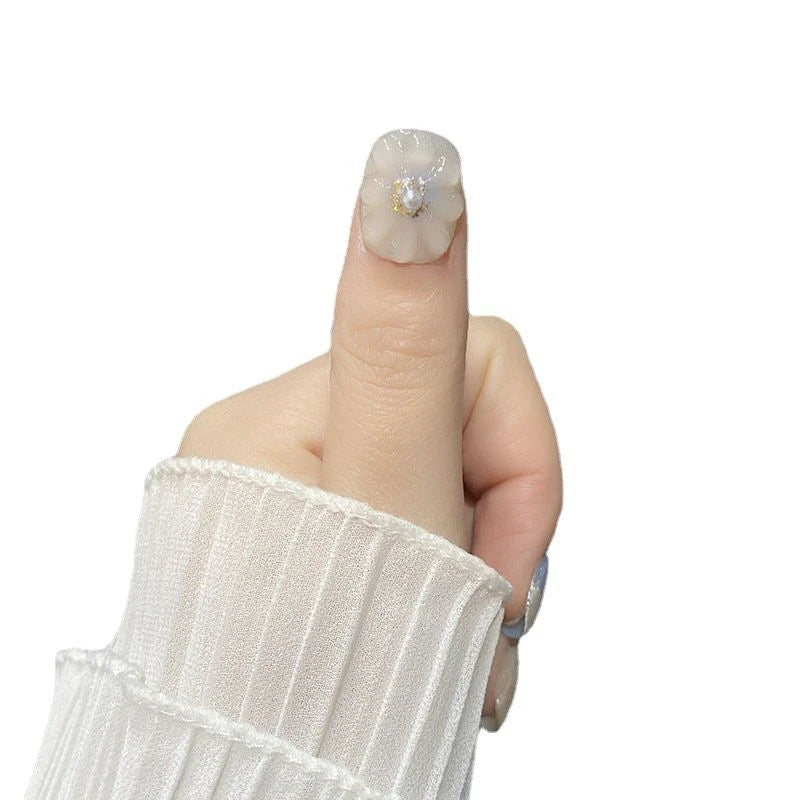 Qfdian 10pcs Handmade Blue Press On Nails Short Cute Fake Nails Reusable Adhesive False Nails Woman Salon Wearable Finger Decoration