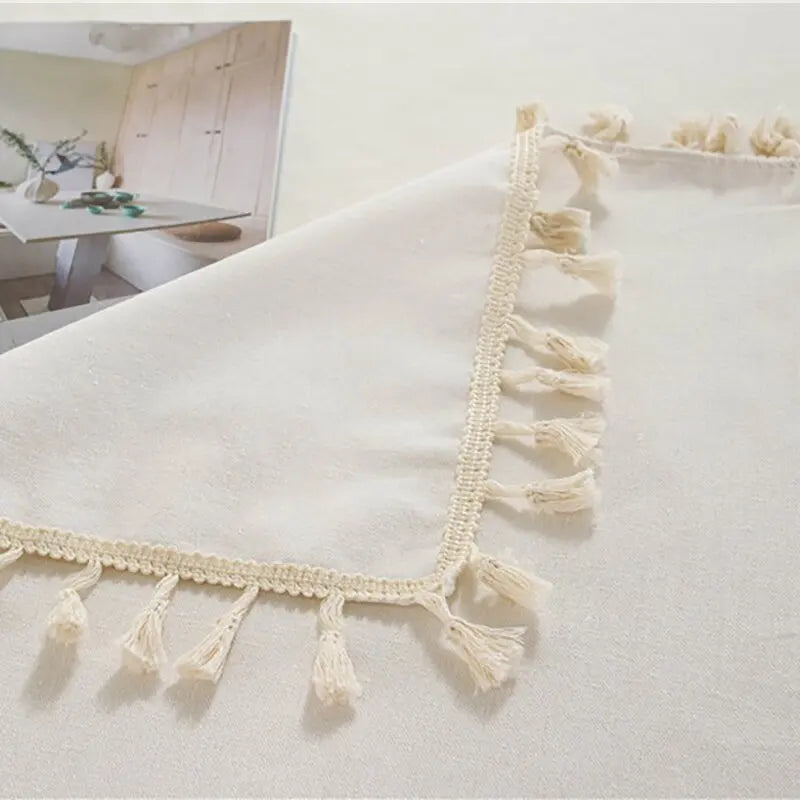 Qfdian White Cotton Rectangle Tablecloth Fabric Tassel Farmhouse Washable Table Cover for Kitchen Living Room Dinning Picnic Decoration