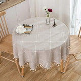 Qfdian Round Tassel Plaid Tablecloths Heavy Weight Cotton Linen Fabric Dust-Proof Table Cover Kitchen Dining Party Tabletop Decorations